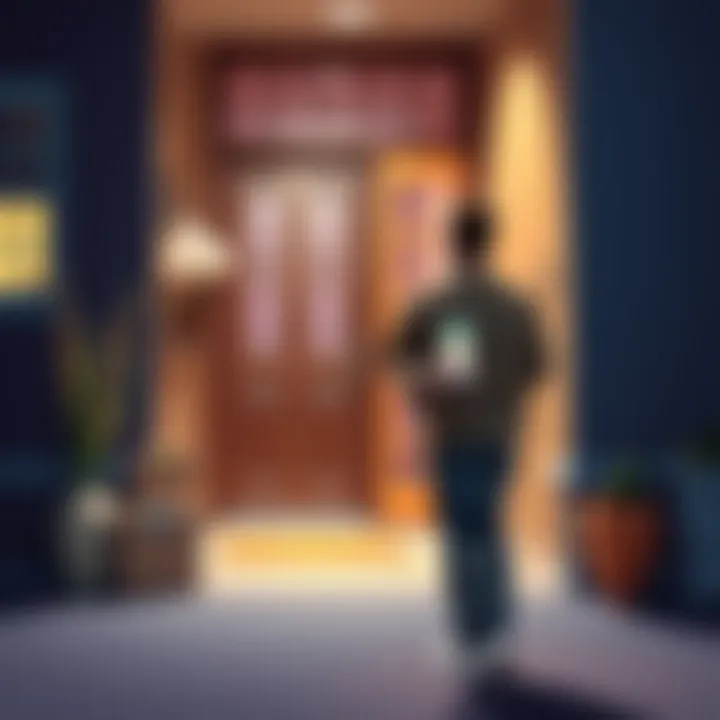 A person stands by a front door, looking out for a delivery, with a package tracking app open on their phone.