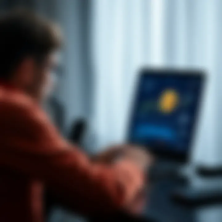 A person sitting at a desk, intently watching Bitcoin-related content on a laptop, with charts and data displayed on the screen.