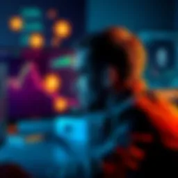 A person looking thoughtfully at their computer with charts showing decline in cryptocurrency investments, surrounded by Bitcoin and Ethereum symbols