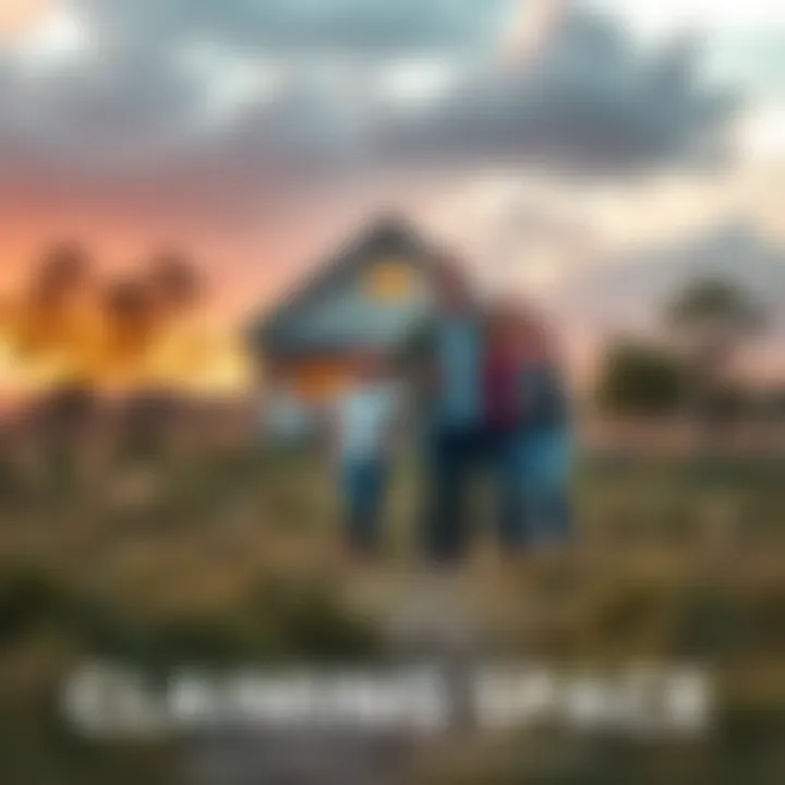 A happy family standing on a plot of land with a simple house in the background, symbolizing personal land ownership.