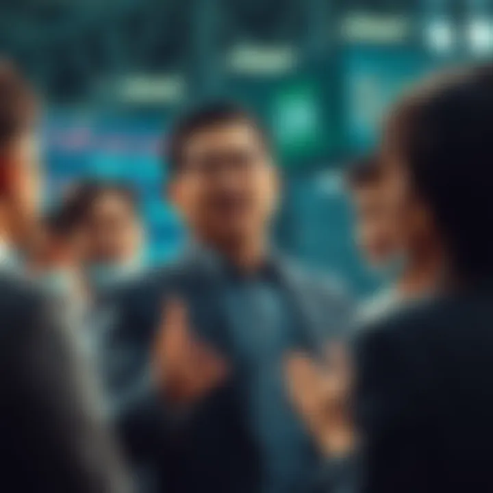 A person speaking to a group, using complex language and gestures to persuade them to join a financial scheme.