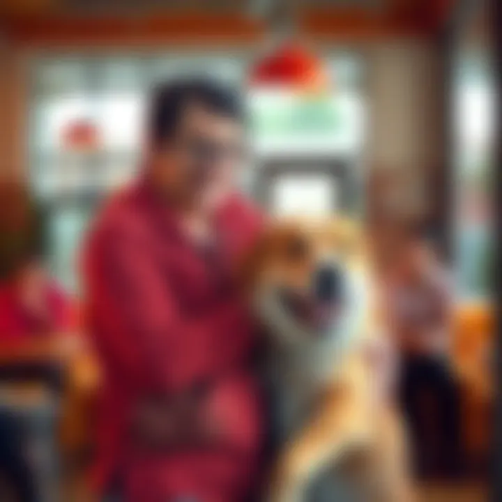 Pet owner with dog A pet owner holds a large dog, discussing weight gain strategies in a warm community setting.