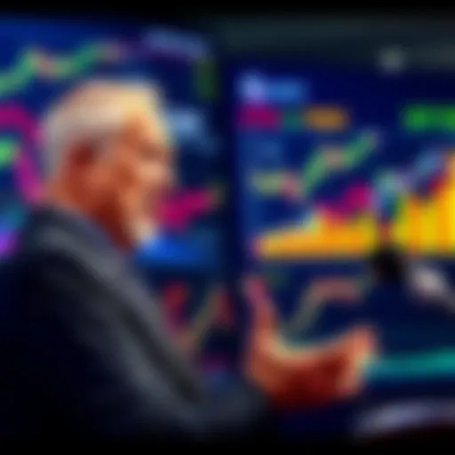 Peter Schiff speaking about Bitcoin at a conference in 2013, with charts and graphs in the background showing cryptocurrency trends.