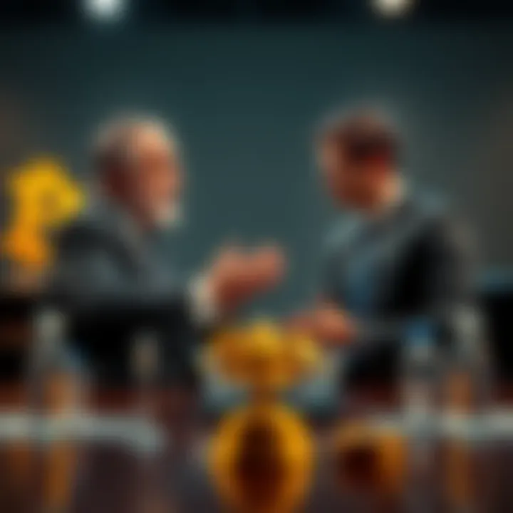 Peter Schiff passionately discussing gold, while a CFA counters with Bitcoin arguments at a table.