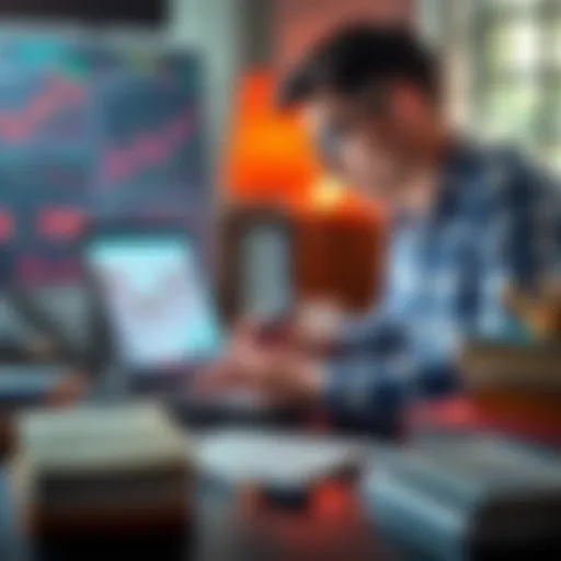A PhD student reviewing financial charts and data on a laptop while taking notes, surrounded by books and stationery.