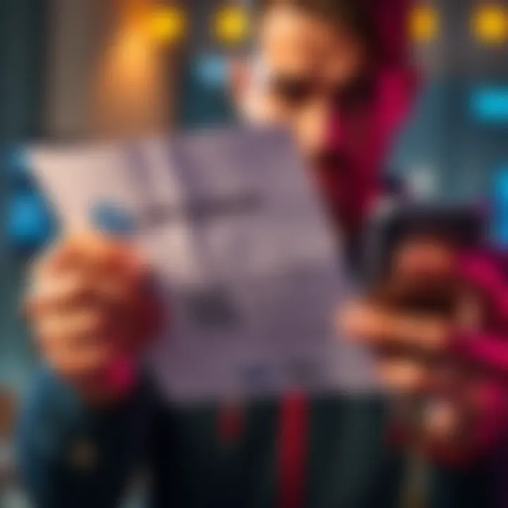 A person holds a physical letter with a QR code, looking concerned while holding a smartphone showing a Bitcoin wallet app, warning about scams.