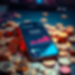 A smartphone displaying a cryptocurrency mining app with a graph showing mining performance, surrounded by digital coins