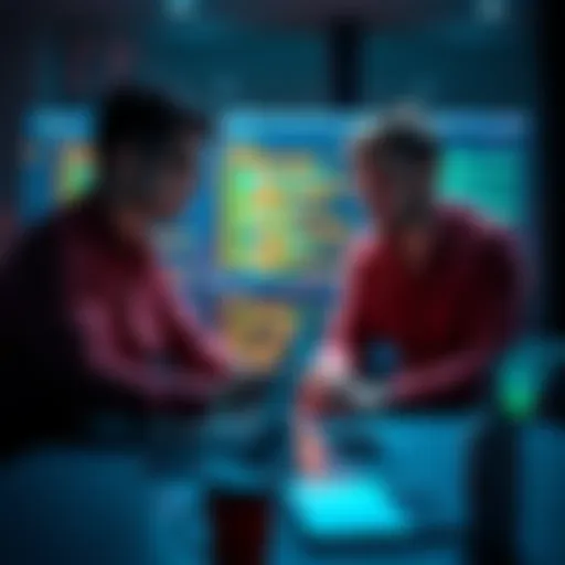 Developers working together on a laptop with code on the screen, discussing features of a new CMS.