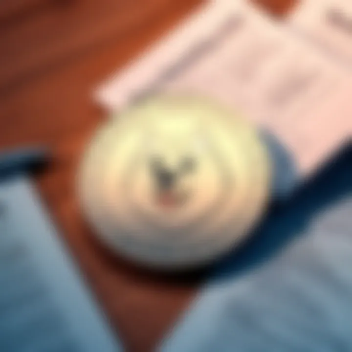 A shiny physical representation of a Dogecoin coin with a cartoon dog face, placed on a wooden table alongside documents about cryptocurrency.