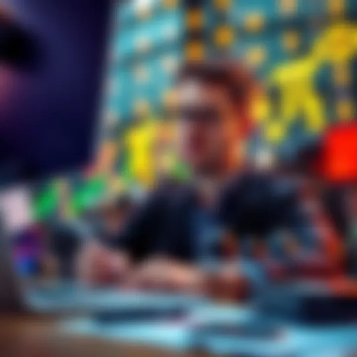 A trader looking at stock charts with Pi Day decorations in the background, showing excitement for upcoming trading opportunities.