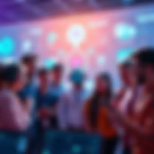 A diverse group of people engaged in app development, excitedly discussing ideas for the Pi Network, with a backdrop of Pi merchandise and digital interfaces representing the platform.