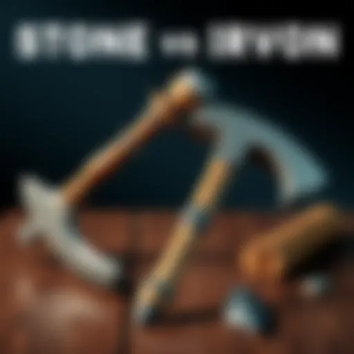 A stone pickaxe and an iron pickaxe side by side on a wooden surface, highlighting their differences