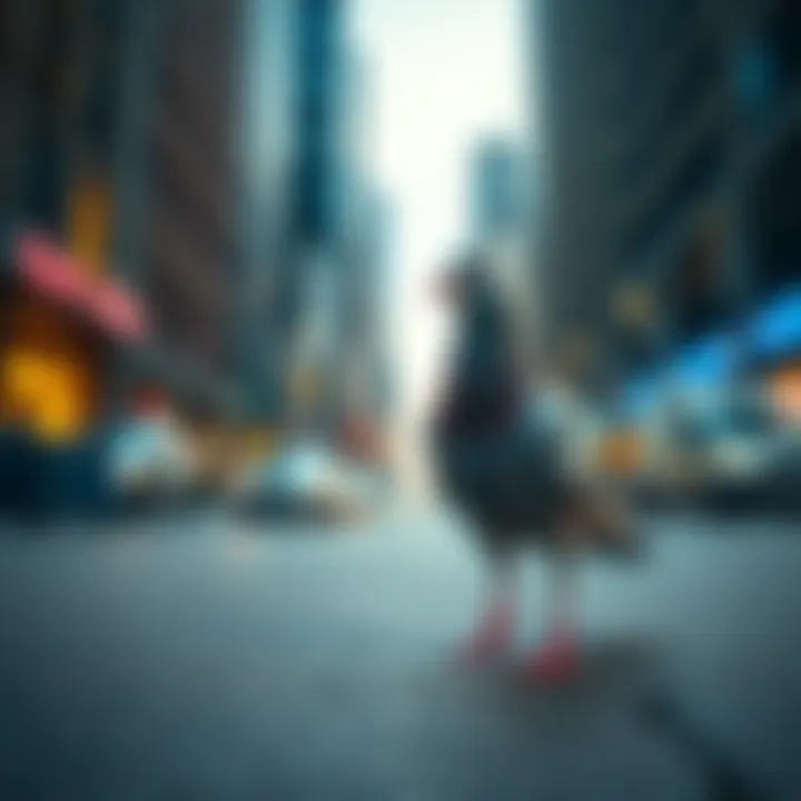 Pigeon in the City A startled pigeon is confronted by an unexpected attacker on the city street.