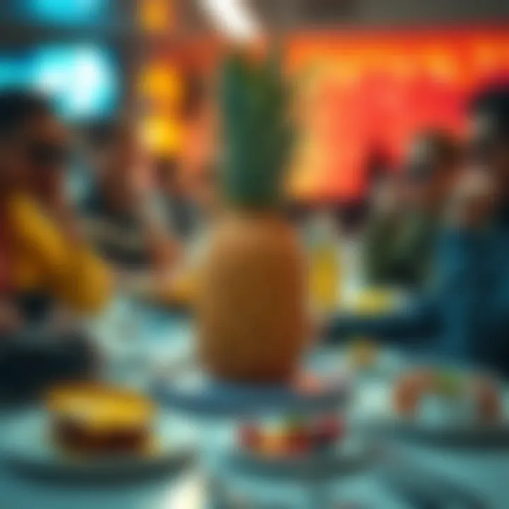 A vibrant pineapple placed on a trendy table surrounded by fashion items and culinary dishes at a social gathering.