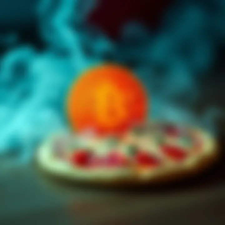 A pizza with a Bitcoin symbol next to it, representing a fun time travel scenario about purchasing pizza with Bitcoin.