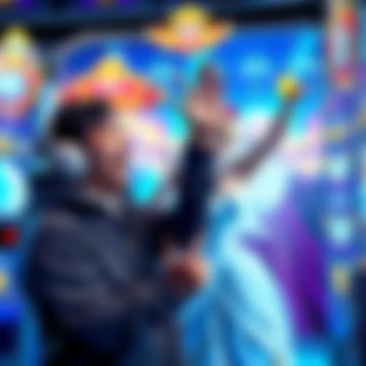 A gamer joyfully reacts as they pull Cinderella from a gacha game using a recruit ticket, surrounded by colorful game graphics