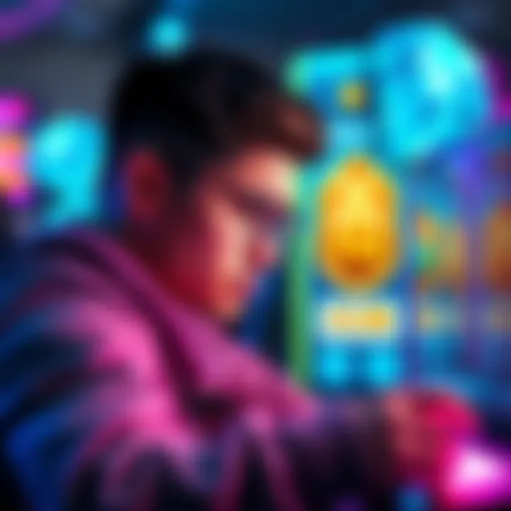 A gamer looks disappointed while checking their rewards on a gaming screen, with symbols of bid tokens and diamonds in the background