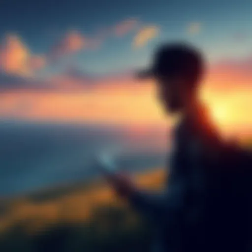 A player in a rural area, looking at their device with a confused expression, surrounded by fields and a distant town, as they try to find a game badge.