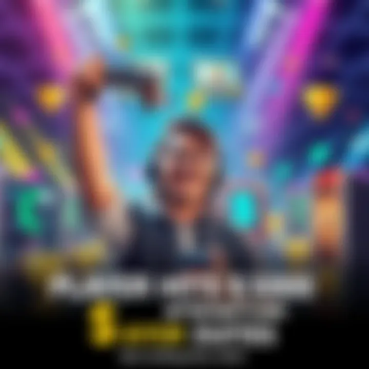 A joyful player holds up a controller with a big smile after earning in-game currency, surrounded by virtual trophies and game graphics.