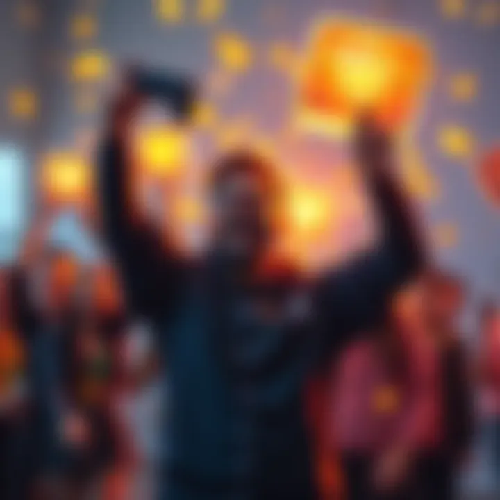 A joyful gamer holding up their controller, surrounded by glowing items representing legendary achievements, with excited friends in the background.