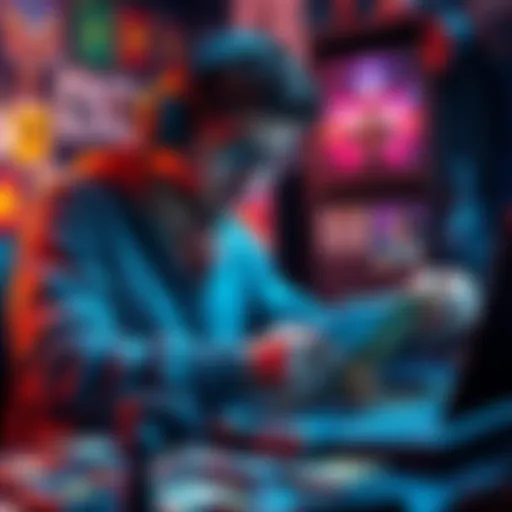 A gamer organizing player cards and collecting items to complete a collection, with vibrant colors and game elements in the background.