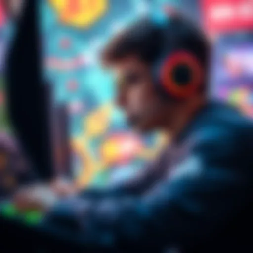 A focused gamer plays mini games with headphones on, surrounded by colorful game graphics