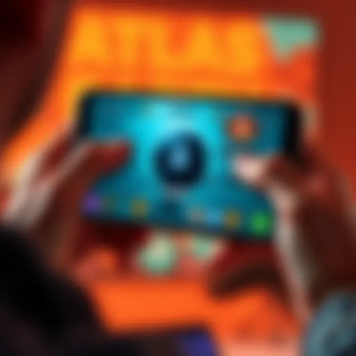 A person using a smartphone, pressing the back button while playing Atlas Earth, with ads on the screen