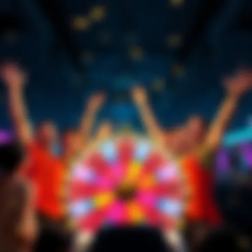 Group of excited players celebrating jackpot wins at a colorful game wheel