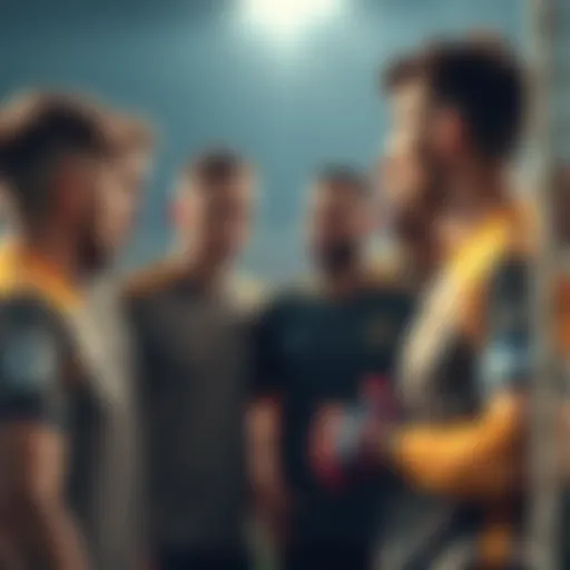 A group of soccer players talking about the challenges of finding starting goalkeepers, showing expressions of frustration and concern.