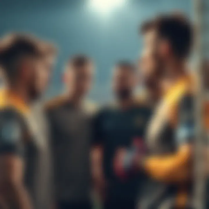 A group of soccer players talking about the challenges of finding starting goalkeepers, showing expressions of frustration and concern.
