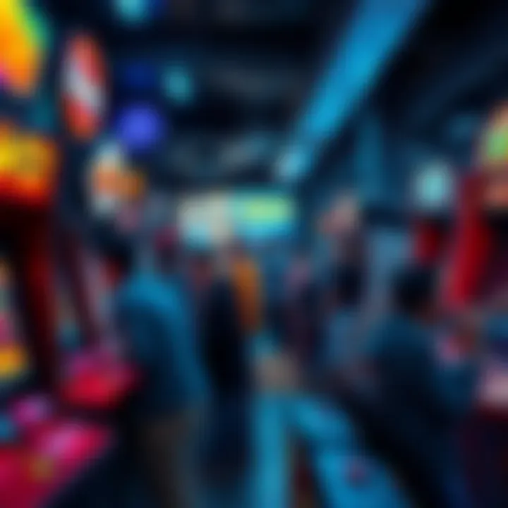 A group of people playing various arcade games in a busy arcade, showing their excitement and frustration.