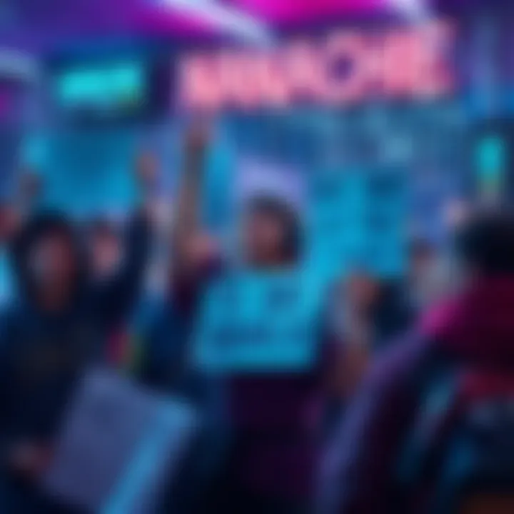 Group of frustrated players holding signs demanding accountability for NANACHIE's freezing tactics in a gaming community setting.