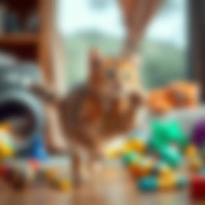 A domestic cat in mid-sprint, showcasing its agility and playful nature, surrounded by toys at home.