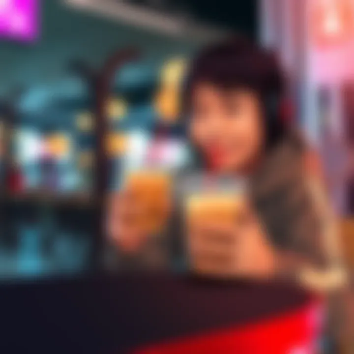 Playing minigames with bubble tea A person enjoying bubble tea while engaged in minigames on a digital device, showing a mix of concentration and joy.