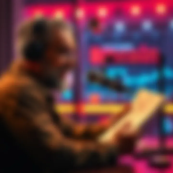 A person explaining Bitcoin concepts on a podcast with a microphone and notes
