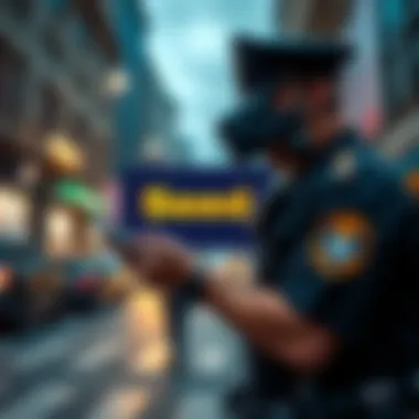 A police officer wearing a bodycam stands in a street, looking at a digital device. The screen shows a blurred seed phrase that has been accidentally revealed, indicating a security breach.