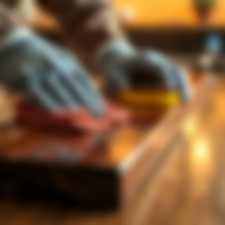 A close-up view of a person polishing a wooden surface with a cloth and polish, showcasing the shiny finish