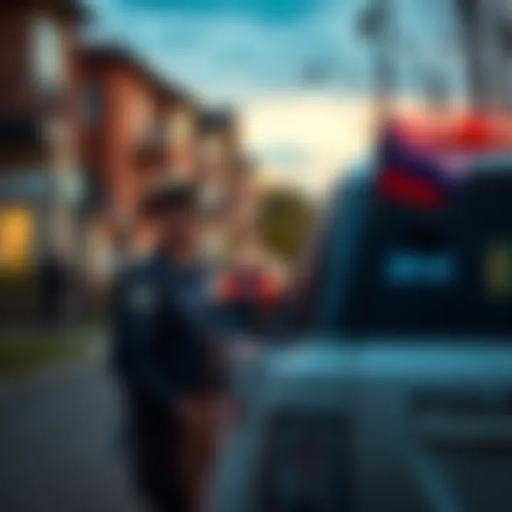 A Politsiya officer in uniform, standing by a patrol car, observing the neighborhood while on duty.