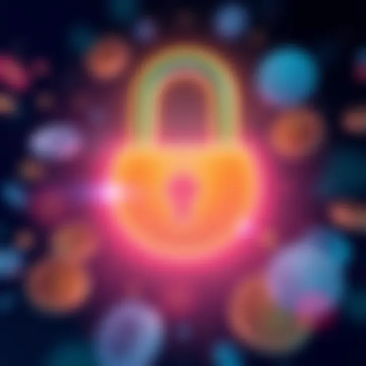 Illustration showing Polkadot logo with a padlock symbol, representing enhanced security in staking and the new unbonding period of 2 days, with a background of digital currency symbols.