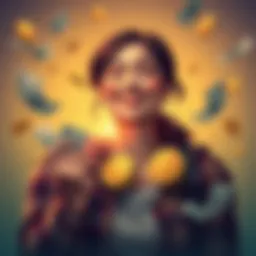 Single mother holding DOT tokens with a hopeful expression, surrounded by financial symbols like dollar bills and coins, representing Universal Basic Income support from Polkadot