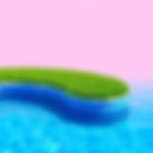 A vibrant pool featuring a grassy area on one side, contrasting with clear blue water