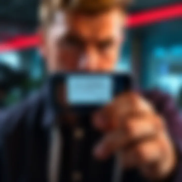 A close-up of a smartphone screen showing a pop-up notification from the Pi app, with a confused user in the background.