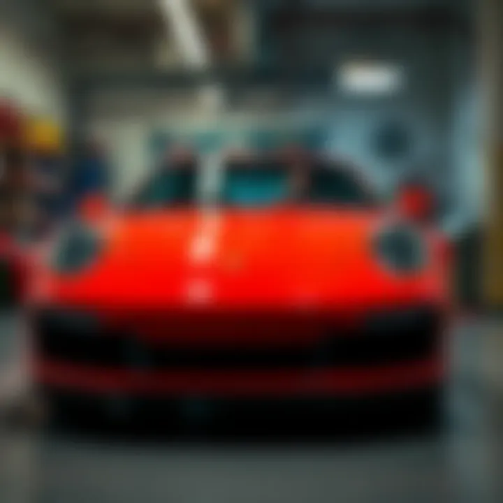 A red Porsche 911 parked in a garage with a distressed owner looking at the engine area