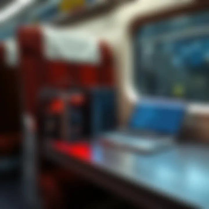 A small, portable BTC miner set up on a train seat, with a laptop displaying mining software and a power source nearby.
