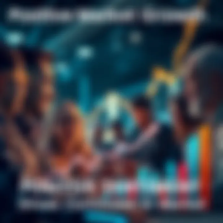 Positive Market Growth People discussing market trends with positive expressions and graphs showing upward movement