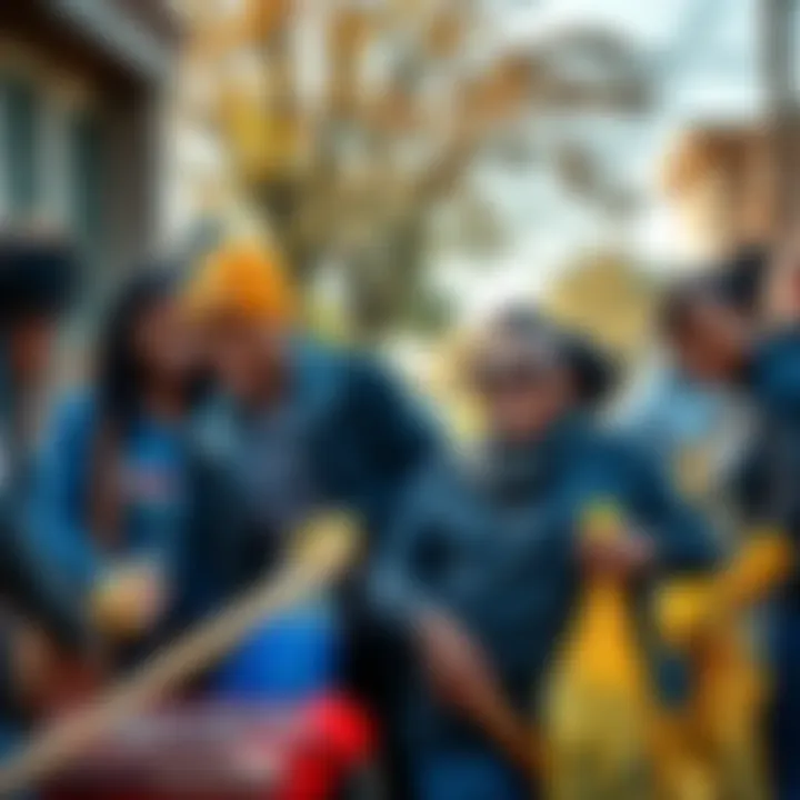 A group of diverse people participating in a neighborhood cleanup, smiling and helping each other, embodying the spirit of kindness and positivity.