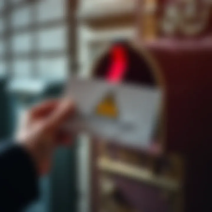 A person holding a suspicious letter with a warning symbol in front of a mail box, symbolizing a phishing attempt.