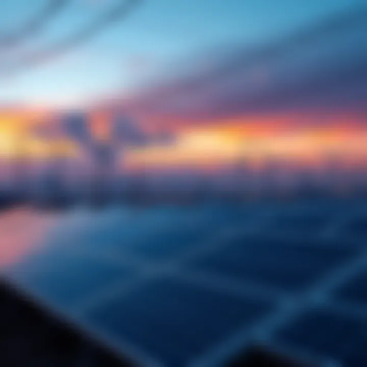A modern power grid with solar panels and wind turbines in the foreground, showcasing new energy technologies alongside traditional power lines.
