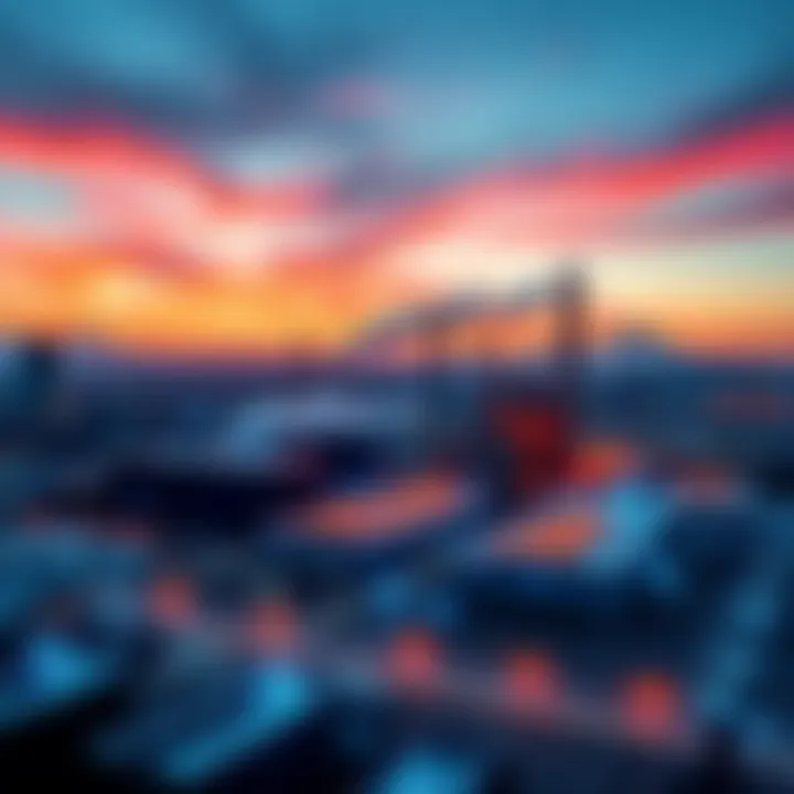 A view of power plants with digital data graphics representing AI technology, highlighting the connection between energy and artificial intelligence.