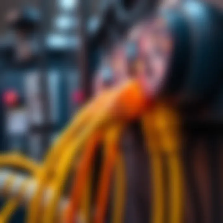 A close-up of multiple power cords connected to energy meters, representing low-cost electricity use for various operations.